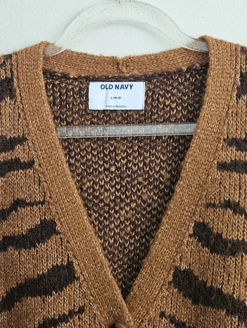 Old Navy Girls Animal Print Cardigan Knit Brown Sweater Size L 10-12